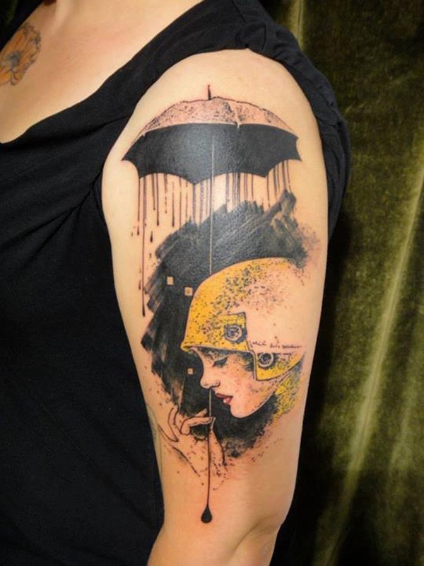 girlcap watercolor tattoo on the upper arm - umbrella rain hand cord-f70757